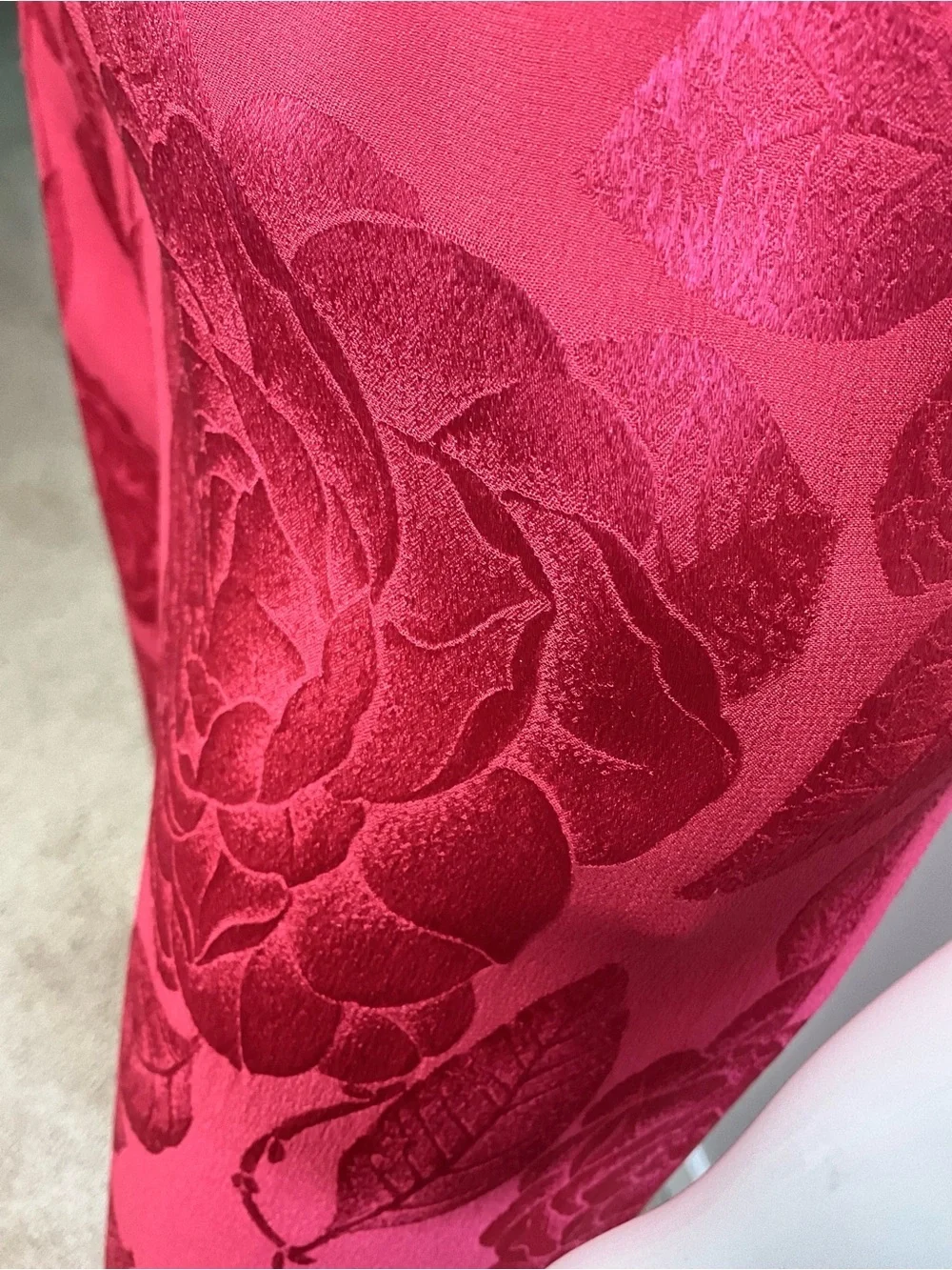 CHANEL Vintage 3 Pc Red Silk Floral Jacquard Pantsuit Set Jacket Top Pants XS/S
